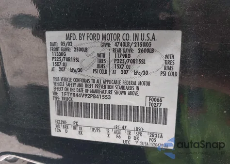 2002 Ford Ranger Edge/Tremor/Xlt from USA, damaged, VIN 1FTYR44V92PB41553